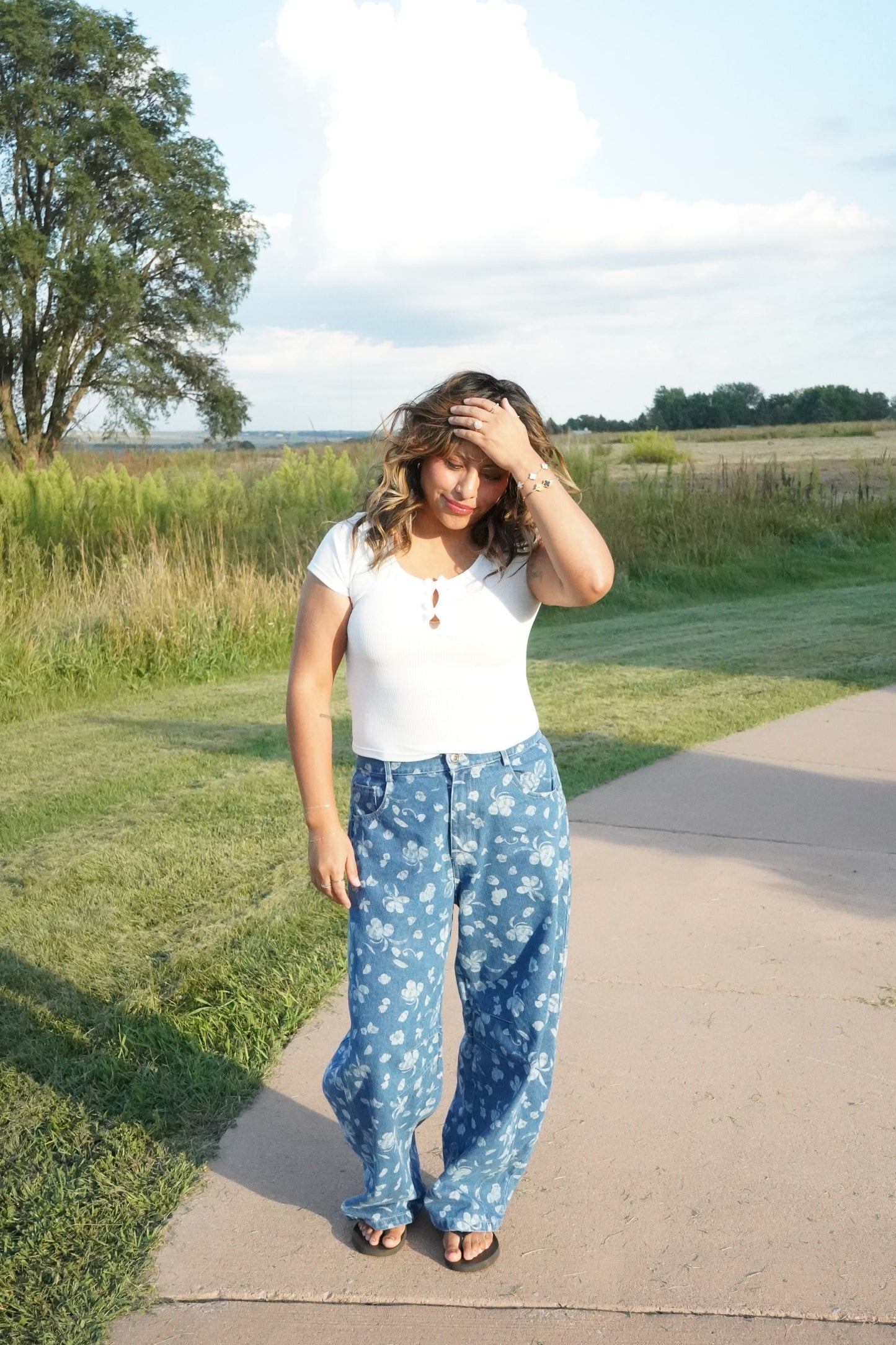 Marine Washed Floral Barrel Pants
