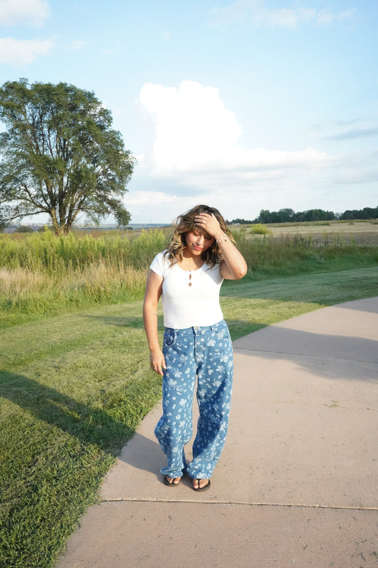 Marine Washed Floral Barrel Pants