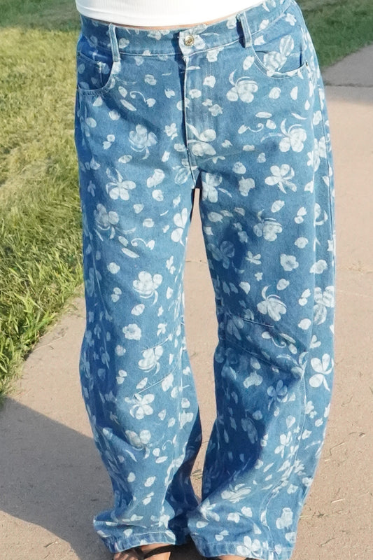 Marine Washed Floral Barrel Pants